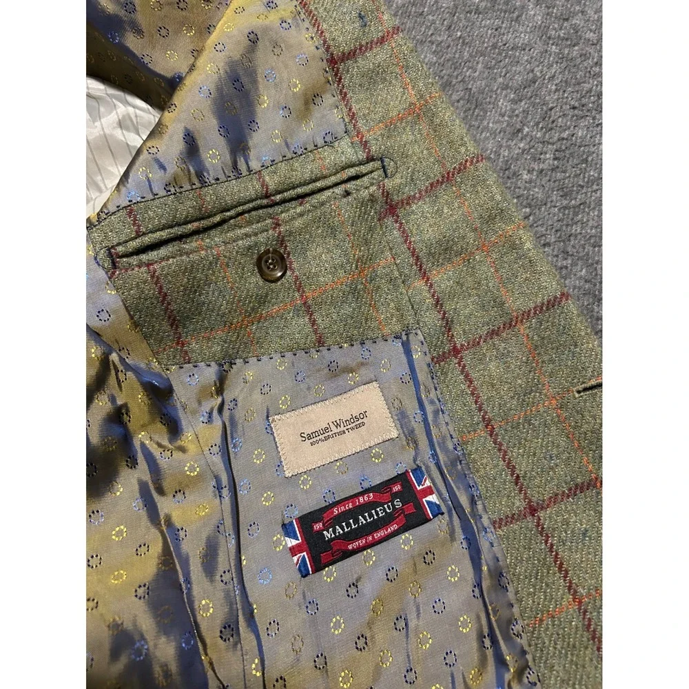 Samuel windsor british tweed blazer jacket mens windowpane green size 40 short